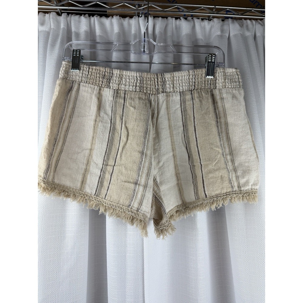 Vanilla Star Womens Linen Elastic Waist Pull On Shorts White Brown Size LARGE